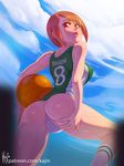  ass bare_shoulders basketball basketball_uniform breasts brown_hair cameltoe covered_nipples digimon digimon_adventure digimon_adventure_02 from_behind kajin_(kajinman) lips looking_at_viewer looking_back no_pants panties parted_lips red_eyes shiny shiny_skin short_hair solo sportswear spread_ass teeth underwear white_panties yagami_hikari 