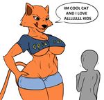  anthro big_breasts big_butt breasts butt cat clothed clothing cool_cat crossgender dialogue duo feline female fur human larger_female licking licking_lips male mammal methados midriff navel orange_fur rape_face simple_background size_difference smaller_male speech_bubble sweat text tongue tongue_out white_background 