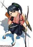  archery arrow artist_name black_eyes black_hair bow_(weapon) commentary_request dated flight_deck geta gloves hakama hakama_skirt houshou_(kantai_collection) japanese_clothes kantai_collection long_hair looking_up mokerou pantyhose partly_fingerless_gloves ponytail quiver simple_background single_glove tasuki weapon white_background yugake 