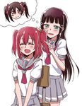  :d ^_^ adjusting_hair behind_another black_hair brown_eyes closed_eyes green_eyes grey_skirt imagining kurosawa_dia kurosawa_ruby kyuusenbinore_(gavion) long_hair love_live! love_live!_school_idol_project love_live!_sunshine!! mole mole_under_mouth multiple_girls neckerchief open_mouth pleated_skirt red_hair school_uniform serafuku short_hair short_sleeves siblings simple_background sisters sitting skirt smile standing thought_bubble twintails two_side_up tying_hair uranohoshi_school_uniform v_arms white_background yazawa_nico 