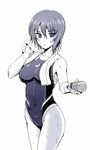  bottle competition_swimsuit girls_und_panzer giving highres kumoi_takashi monochrome nishizumi_maho one-piece_swimsuit short_hair simple_background solo standing swimsuit towel towel_around_neck water_bottle wet white_background 