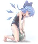  bare_arms bare_legs bare_shoulders barefoot black_swimsuit blue_bow blue_eyes blue_hair bow breasts cirno collarbone covered_navel detached_wings food from_side fruit full_body hair_bow ice ice_wings kneeling looking_down one-piece_swimsuit pi_(pnipippi) profile school_swimsuit short_hair small_breasts smile solo swimsuit toes touhou watermelon white_background wings 