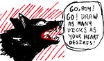  black_and_white_and_red black_fur canine dialogue english_text feral fur humor mammal sharp_teeth solo speech_bubble teeth text unknown_artist what white_eyes wolf 