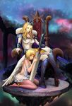 absurdres angel angel_wings blonde_hair bodysuit boots breasts cape clare_(claymore) claymore claymore_(sword) cleavage crown gin_(justice320) gloves highres knee_boots large_breasts light_smile long_hair medium_breasts multiple_girls short_hair silver_eyes sitting smile strap_slip sword teresa_(claymore) throne wariza weapon wings yellow_eyes 