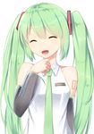  closed_eyes detached_sleeves green_eyes green_hair hatsune_miku highres ji_dao_ji long_hair necktie open_mouth simple_background solo twintails upper_body very_long_hair vocaloid white_background 
