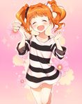 :&gt; arms bad_id bad_pixiv_id bare_legs bare_shoulders blush clenched_hand closed_eyes floral_background hair_ornament hair_scrunchie idolmaster idolmaster_(classic) iwaoka_(sikabanenomiti_park) legs orange_hair rag scrunchie smile solo sparkle takatsuki_yayoi twintails wavy_hair 