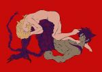  abs asuka_ryou black_hair blonde_hair blood bloody_tears blue_eyes breasts brown_eyes check_character dark_skin devilman devilman_crybaby fudou_akira leg_hair long_hair looking_at_viewer lying nude on_back profile red_background satan_(devilman) short_hair simple_background tail uzuta 