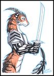  2014 anthro armor blue_eyes bottomless clothed clothing dragon feline fur gard3r horn hybrid male mammal melee_weapon nude simple_background smile solo standing sword tiger traditional_media_(artwork) weapon white_background 