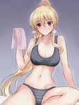  alisa_reinford alternate_hairstyle bangs blonde_hair blush breasts cleavage collarbone covered_nipples eiyuu_densetsu eyebrows eyebrows_visible_through_hair grey_background hair_ornament hair_scrunchie high_ponytail holding holding_towel kagura_yuuto large_breasts long_hair looking_at_viewer navel panties ponytail red_eyes scrunchie sen_no_kiseki simple_background sitting smile solo sports_bikini sports_bra striped striped_panties sweat towel underwear very_long_hair 