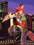  canine clothed clothing detailed_background disney embrace eyes_closed fennec finnick fox french_kissing fully_clothed kissing male male/male mammal nick_wilde size_difference standing zootopia 