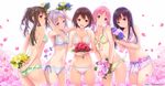  ass bikini blush bow breasts brown_eyes brown_hair cleavage flowers group long_hair mana_kakkowarai navel original petals pink_eyes pink_hair ribbons short_hair swimsuit thighhighs twintails waifu2x 