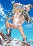  :d bangs black_footwear blonde_hair blush boots breasts cloud collarbone day djeeta_(granblue_fantasy) flag fundoshi fur_trim glint granblue_fantasy groin hair_ribbon hand_on_hip highres holding jacket_on_shoulders japanese_clothes loincloth lovezawa medium_breasts navel one-piece_tan open_mouth outdoors outstretched_arm ribbon sarashi short_hair sky smile solo sparkle standing swept_bangs tairyou-bata tan tanline v-shaped_eyebrows water wind yellow_eyes 