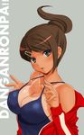  asahina_aoi bangs bare_shoulders blue_eyes breasts brown_hair cleavage clothes_down copyright_name danganronpa danganronpa_1 dark_skin hair_ornament hairclip hijiri_ruka impossible_clothes jacket long_hair medium_breasts open_mouth ponytail red_jacket sideboob simple_background solo strap_pull swept_bangs tan tank_top tanline upper_body 