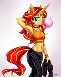  2016 anthro anthrofied armpits blonde_hair bubble_gum clothing equestria_girls equine female hair horn leather mammal moenkin my_little_pony navel piercing pose red_hair solo sunset_shimmer_(eg) unicorn 
