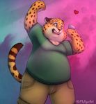  2016 anthro belly blush cellphone cheetah chub clawhauser clothed clothing digital_media_(artwork) disney dpz feline fur invalid_tag male mammal mytigertail nipples officer overweight phone show simple_background slightly_chubby solo zootopia 