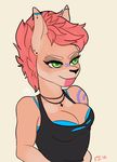  2016 anthro biceps big_breasts breasts canine clothed clothing digital_media_(artwork) doberman dog ear_piercing facial_markings female fluffy fur green_eyes hair jewelry maja maja_(zebrapie) mammal markings necklace orange_fur piercing pointy_ears red_hair short_hair simple_background smile solo zebrapie 