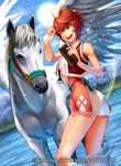  armor_removed brush copyright_name fire_emblem fire_emblem_cipher fire_emblem_if hinoka_(fire_emblem_if) i-la legs lens_flare official_art pegasus rainbow red_hair smile sun water 