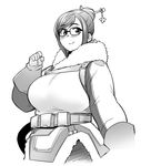  blush breasts coat fukumaaya glasses gloves greyscale hair_bun hair_ornament hair_stick large_breasts mei_(overwatch) monochrome overwatch short_hair simple_background smile solo white_background 