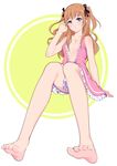  arm_support bare_legs bare_shoulders barefoot blue_eyes blush brown_hair deca_purio dress feet hair_ribbon jewelry legs long_hair looking_at_viewer necklace original pink_dress ribbon sitting sleeveless sleeveless_dress soles solo toes two_side_up 