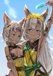  animal_ears aqua_eyes armlet bare_shoulders bloom breast_press breasts cat_ears chromatic_aberration cleavage dark_skin dress erune flower food granblue_fantasy grey_hair hair_flower hair_ornament hand_on_another's_arm holding lens_flare long_hair looking_at_another medium_breasts melleau multiple_girls nemone norape_(w0lpeexe) open_mouth popsicle short_hair siblings sideboob sisters sweat upper_body 