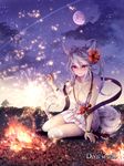  animal_ears bracelet breasts cleavage devil_maker fire fireworks flower fox_ears fox_tail ggoorri hair_flower hair_ornament jewelry large_breasts messy_hair moon night night_sky red_eyes shooting_star silver_hair sky smile solo star_(sky) tail tattoo thighs 