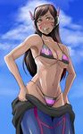  bikini blue_sky blush breasts brown_eyes brown_hair commentary_request d.va_(overwatch) day headphones highres medium_breasts navel overwatch pilot_suit shibusun sky solo sweat swimsuit swimsuit_under_clothes underboob undressing whisker_markings 