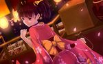  absurdres ass bakanoe brown_hair festival highres japanese_clothes kimono koutetsujou_no_kabaneri lantern mumei_(kabaneri) obi paper_lantern petals red_kimono sash solo wide_sleeves yellow_eyes yukata 