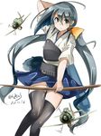  black_legwear blue_eyes bow_(weapon) commentary commentary_request cosplay dated grey_hair hair_between_eyes hair_ribbon highres japanese_clothes kaga_(kantai_collection) kaga_(kantai_collection)_(cosplay) kantai_collection kazu_(really_in_hot_water_now) kiyoshimo_(kantai_collection) long_hair muneate parted_lips ribbon simple_background solo twintails twitter_username weapon white_background 