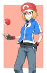  baseball_cap betuni blonde_hair blush cosplay fingerless_gloves gloves hat highres looking_at_viewer pokemon pokemon_(anime) pokemon_xy_(anime) satoshi_(pokemon) satoshi_(pokemon)_(cosplay) serena_(pokemon) short_hair smile solo 