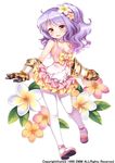  blush bow breasts cleavage flower flower_knight_girl full_body gauntlets hair_flower hair_ornament layered_skirt long_hair looking_at_viewer object_namesake official_art pantyhose pink_footwear plumeria plumeria_(flower_knight_girl) purple_hair ribbon shoes shouni_(sato3) small_breasts smile solo standing strappy_heels wavy_hair white_legwear yellow_bow yellow_eyes 