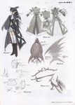  ahoge belt black_hair boots bow_(weapon) cape character_sheet concept_art elf hair_ornament highres jabot lace laces lineart long_coat long_hair long_sleeves midriff miniskirt pointy_ears ribbon shining_(series) shining_wind skirt sword tanaka_takayuki thighhighs translation_request weapon white_legwear xecty_ein zettai_ryouiki 