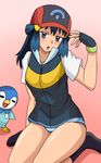  baseball_cap blue_eyes blue_hair blush cosplay fingerless_gloves gen_4_pokemon gloves hat hikari_(pokemon) kuro_hopper long_hair looking_at_viewer open_mouth piplup pokemon pokemon_(anime) pokemon_(creature) satoshi_(pokemon) satoshi_(pokemon)_(cosplay) solo underwear 