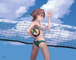  alternate_costume arm_up armpits asics ass ball bare_shoulders cloud crop_top day flipped_hair haruto_(harut_n) hiei_(kantai_collection) holding holding_ball kantai_collection open_mouth outdoors outstretched_hand profile short_hair signature sky sleeveless solo sportswear thighs volleyball volleyball_net volleyball_uniform 