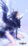  bare_legs bird_wings black_hair closed_eyes devil_maker ggoorri gloves horns sitting snow snowflakes solo thighs wings 