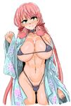  akashi_(kantai_collection) bikini breasts collar commentary_request covered_nipples green_eyes hair_ribbon highleg highleg_panties japanese_clothes kantai_collection kimono large_breasts long_hair looking_at_viewer open_clothes open_kimono panties pink_hair pubic_hair pubic_hair_peek ribbon saruton solo swimsuit tress_ribbon underwear yukata 