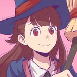  artist_name bangs black_hat blunt_bangs broom brown_hair close-up closed_mouth collared_shirt face hat holding holding_broom kagari_atsuko koyorin little_witch_academia long_hair looking_at_viewer pink_background red_eyes shirt simple_background smile solo_focus tareme watermark web_address white_shirt wing_collar witch_hat 