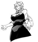  black_dress breasts character_request cleavage dress fingernails flower fukumaaya greyscale grin high_ponytail horns large_breasts long_fingernails long_hair monochrome nail_polish pointy_ears rose sharp_fingernails sharp_teeth simple_background smile solo teeth white_background 