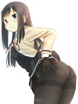  asashio_(kantai_collection) ass black_hair black_legwear blue_eyes blush crotch_seam dress hand_in_pantyhose hand_under_clothes highres kantai_collection long_hair looking_at_viewer neck_ribbon panties panties_under_pantyhose pantyhose pinafore_dress red_ribbon remodel_(kantai_collection) retsumaru ribbon school_uniform simple_background smile solo thighband_pantyhose underwear white_background 
