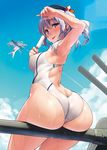 :p aircraft airplane akitsushima_(kantai_collection) arched_back arm_up armpits ass ass_support bare_arms bare_shoulders beret black_hat blue_eyes blue_sky bow cannon chibi chibi_inset cloud competition_swimsuit cowboy_shot day eyebrows eyebrows_visible_through_hair food from_behind hat hat_bow holding holding_food kantai_collection kashima_(kantai_collection) kekemotsu lens_flare light_rays looking_at_viewer looking_back machinery melting multiple_girls nishikitaitei-chan one-piece_swimsuit outdoors popsicle propeller short_twintails silver_hair sitting sky sunlight swimsuit tongue tongue_out turret twintails wavy_hair white_swimsuit 