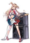  :d animal bangs blonde_hair blue_eyes collar electric_guitar fake_horns full_body guitar hairband hamster head_tilt highres instrument kinchee long_hair midriff music navel open_mouth original playing_instrument pleated_skirt skirt smile solo speaker standing stratocaster thigh_strap two_side_up 