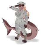  blonde_hair boots breasts claws clothing feet female fin fish footwear gills hair hat invalid_tag kalie kittydee looking_at_viewer marine military piercing pink_eyes pink_hair pockets scar shark simple_background sketch smile standing stripes tiger_shark uniform white_background 