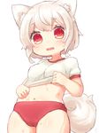  albino alternate_costume animal_ears bad_id bad_pixiv_id blush from_below highres inubashiri_momiji midriff navel open_mouth panties red_eyes sawatari_(sado) shirt short_hair short_sleeves simple_background solo sweat t-shirt tail touhou underwear white_background white_hair wolf_ears wolf_tail 