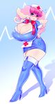  2016 audino bell big_breasts blue_eyes blush boots bow breasts cleavage clothed clothing dress female footwear hair hat hi_res high_heeled_boots high_heels huge_breasts legwear lips looking_at_viewer nintendo nurse pastelletta pink_hair pink_skin pok&eacute;mon pok&eacute;morph rubber short_hair solo standing thick_thighs thigh_high_boots tight_clothing video_games white_skin 