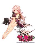  bare_legs barefoot boots boots_removed braid breasts cleavage copyright_name demon_tail demon_wings detached_wings fake_wings feet french_braid full_body gloves hairband_removed kuore_timido large_breasts legs_together long_hair looking_at_viewer official_art pink_eyes pink_hair pointy_ears purple_gloves red_eyes see-through shoes_removed simple_background sitting solo sukja tail tape toes uchi_no_hime-sama_ga_ichiban_kawaii white_background wings 