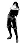  aizawa_shouta boku_no_hero_academia covered_mouth fukumaaya full_body greyscale hands_in_pockets long_hair long_sleeves male_focus monochrome pants scarf simple_background solo standing white_background 