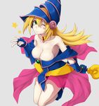  bangs bare_shoulders blonde_hair blush blush_stickers boots breasts choker cleavage dark_magician_girl duel_monster fingerless_gloves gloves green_eyes hat highres large_breasts minami_machi solo staff wizard_hat yuu-gi-ou yuu-gi-ou_duel_monsters 