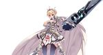  armor blonde_hair breasts cape cleavage crown elbow_gloves gauntlets giselle_olympiada gloves holding holding_weapon imanaka_koutarou jewelry large_breasts looking_at_viewer miniskirt open_mouth pauldrons rune_lord skirt solo sword thighhighs transparent_background weapon 