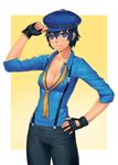  blue_hair breasts cleavage fingerless_gloves gloves hat lasterk looking_at_viewer loose_necktie necktie persona persona_4 persona_4:_dancing_all_night persona_dancing shirogane_naoto short_hair small_breasts smile solo suspenders 