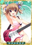  armpits blue_ribbon bra breasts brown_eyes brown_hair card_(medium) cleavage grisaia_(series) grisaia_no_kajitsu guitar hair_ribbon instrument irisu_makina looking_at_viewer medium_breasts navel open_mouth panties pink_bra pink_panties ribbon short_hair solo underwear 