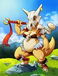  2016 3_fingers anthro anthrofied breasts cleavage clothed clothing cubone female holding_object holding_weapon looking_at_viewer melee_weapon nintendo outside pok&eacute;mon pok&eacute;morph solo video_games weapon zwitterkitsune 